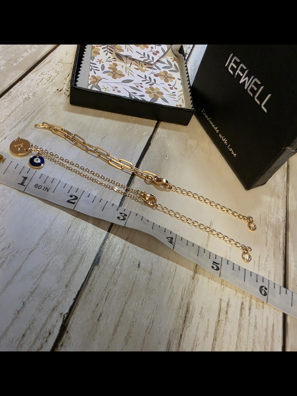 Gold Initial 'A' and Blue Evil Eye Pendant Bracelet Set - Picture 3 of 4